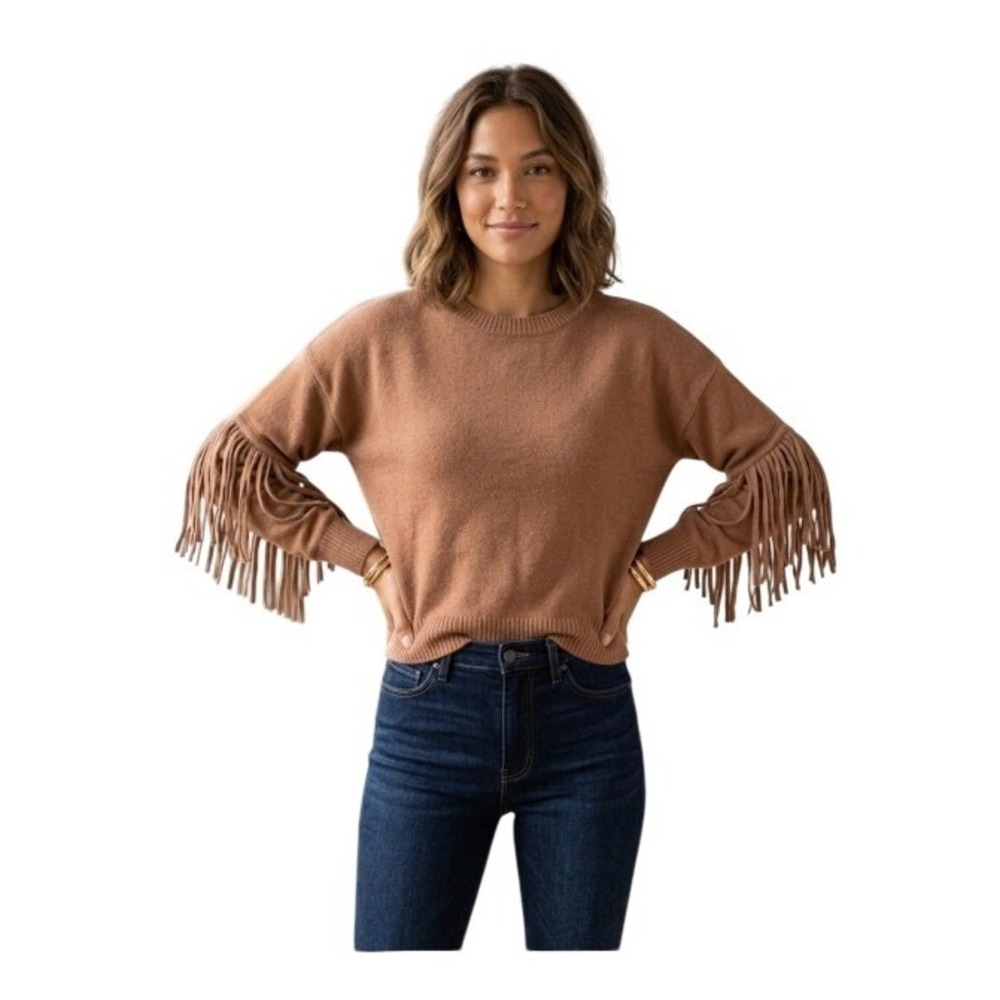 Chelsea &‎ Theodore Fringe Crewneck Sweater Brown Knit Crewneck Long Sleeve S